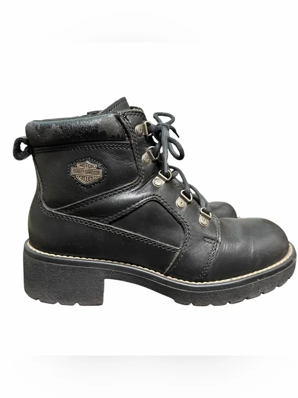 Harley Davidson 9.5 Black Leather Lace Up Motorcycle Ankle Boots Side Zipper - Image 2