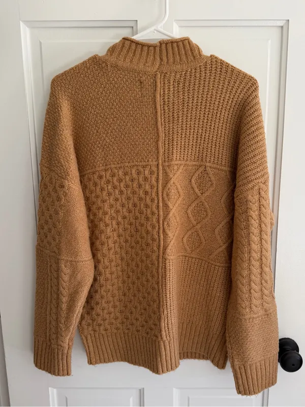 American Eagle Patchwork Cable Knit Mock Neck Sweater Camel Medium - Image 5