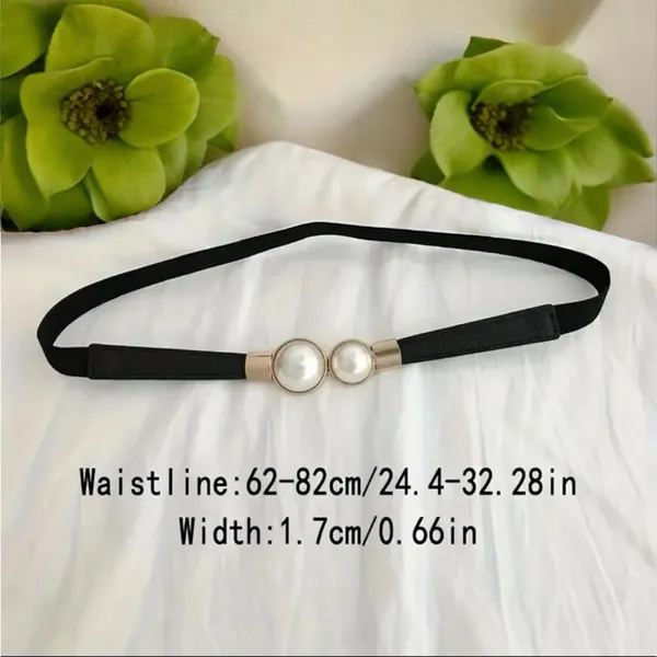 Thin Double Faux Pearl Buckle‎ Solid Color PU Leather Waist Thin Belt One Size - Image 6