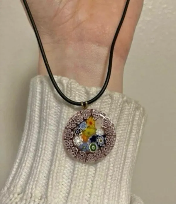 Millefiori Glass Charm Pendant Necklace Vintage “Dahlia” Leather Strand Italian Classi - Image 6
