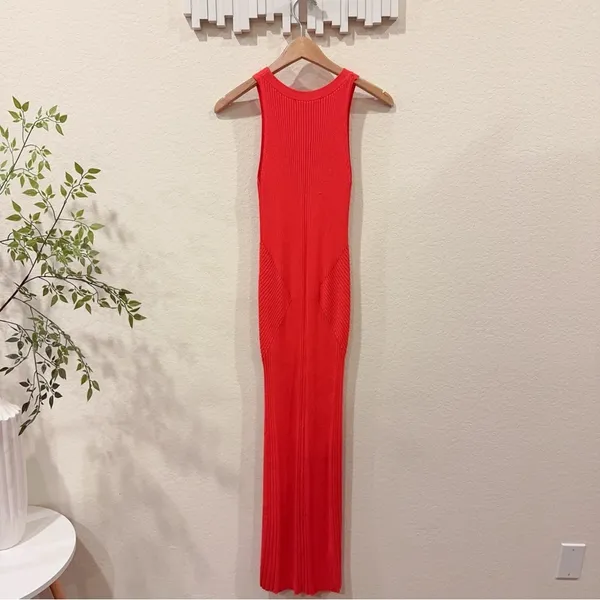 En Saison Tera Ribbed Knit Bodycon Vacation Midi Dress in Tomato Red Size Small - Image 6