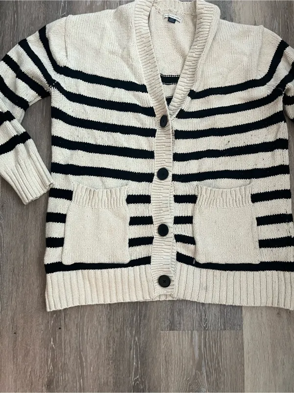 American Eagle Cardigan Womens Medium Ivory Black Striped Knit Shawl Collar - Image 4