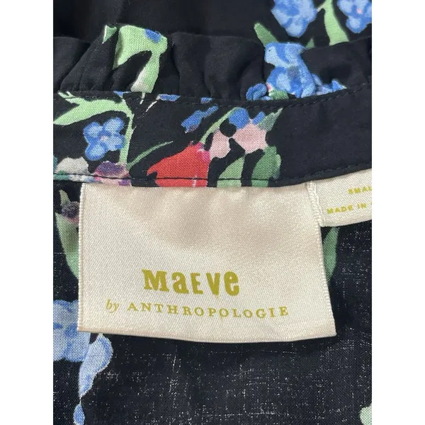 Maeve Anthropologie Dark Floral Butterfly Ruffle Short Sleeve Top Button Front S - Image 5