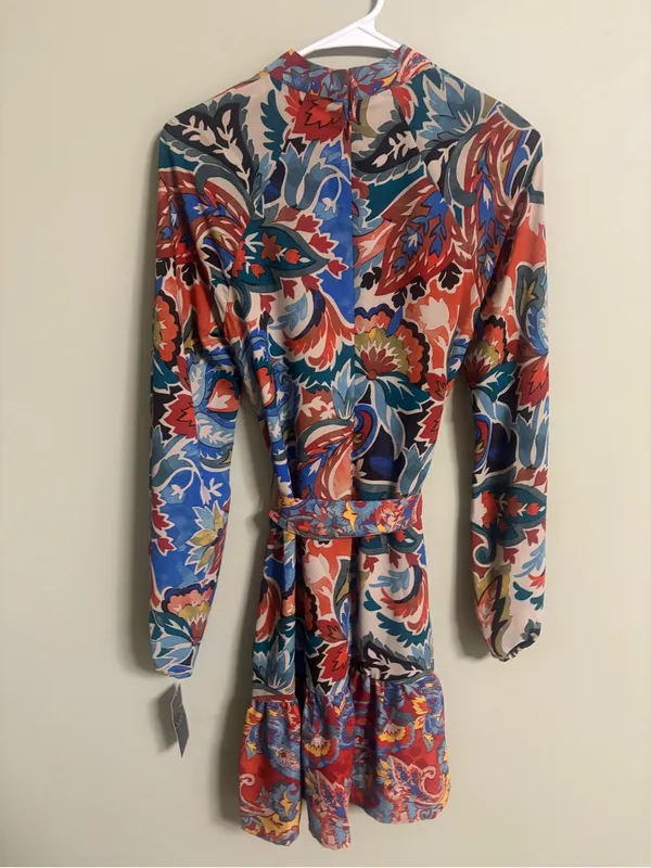 Tahari Multi Floral Paisley Mock Neck Long Sleeve Tie Belt Dress Size 2 / XS New - Image 3