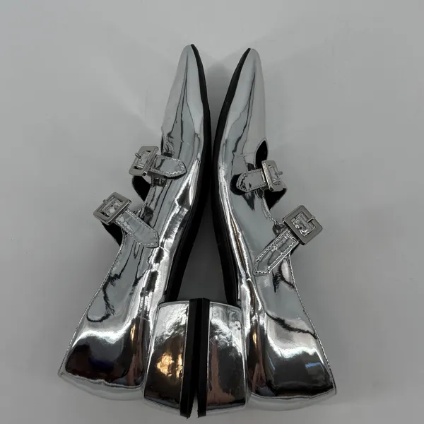 GB Silver‎ Metallic Double Strap Mary Jane Square Toe Block Heel Shoes Size 11 - Image 7
