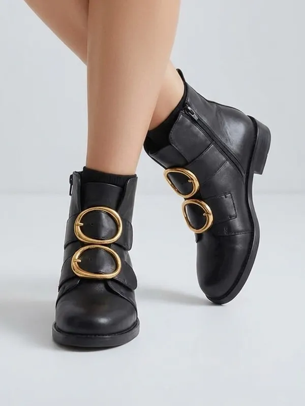 Maje Felipe Moto black with chunky Gold Buckles ankle boots sz 7 - Image 2