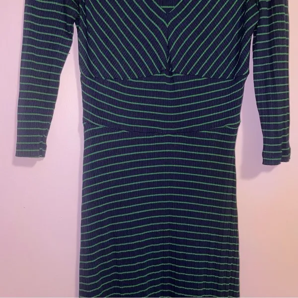 Anthropologie Maeve XS Midi Dress Blue Green Stripe 3/4 Sleeve - Image 3
