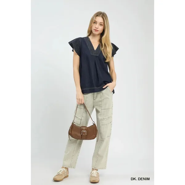 Umgee Cap Sleeve Denim Top - Dk. Denim - Small - Image 5