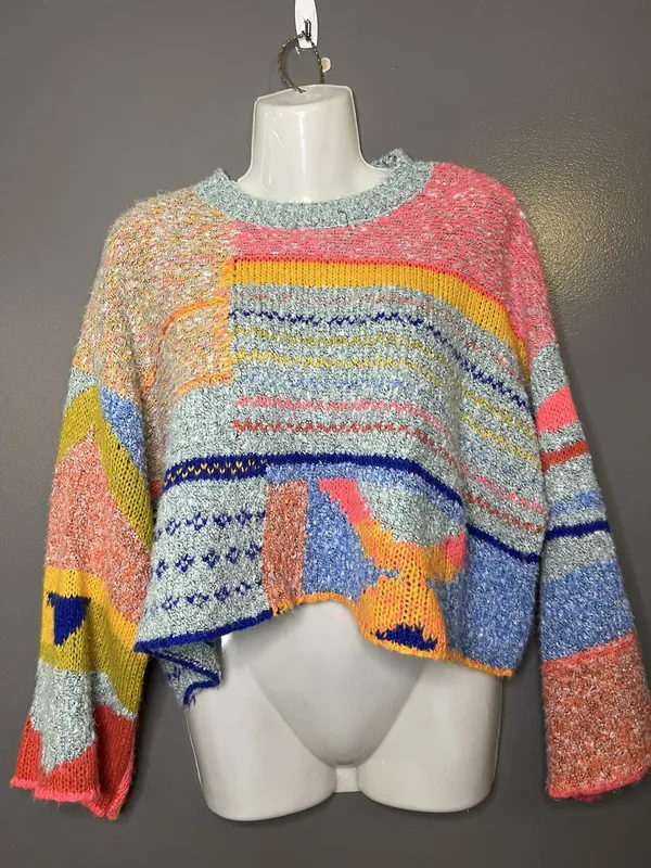 Sincerely Jules Sweater Womens Small Multicolor Patchwork Chunky Knit Cropped - Image 2