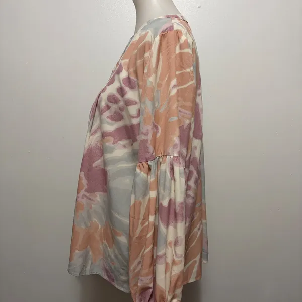 Entro Blouse Large Pastel Tie Dye Balloon Sleeve V-Neck Boho Festival Watercolor - Image 3