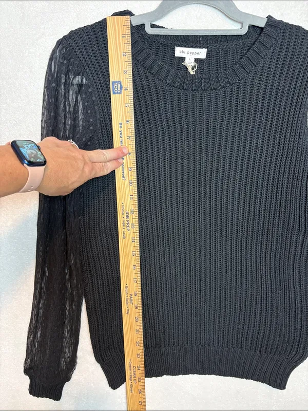 Blu Pepper sheer balloon sleeve Swiss‎ dot black sweater size L BIN E NEW - Image 6