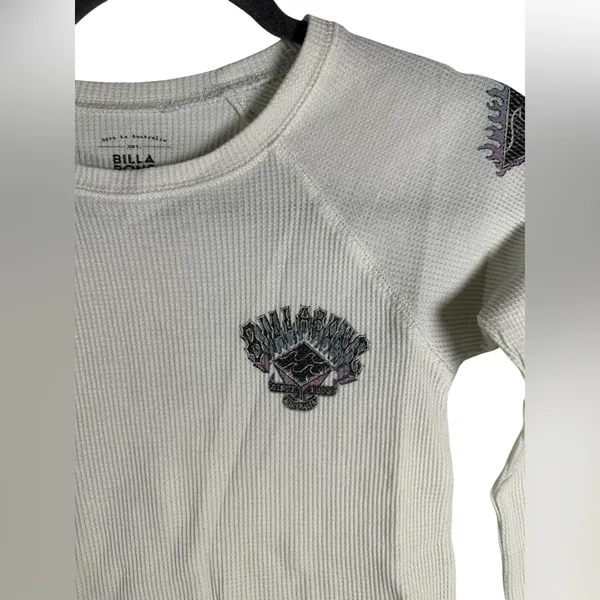 Billabong Waffle Knit Long Sleeve Top XS Cream Graphic Thermal Surf Casual Shirt - Image 4