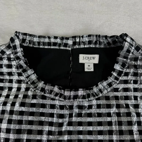 J.‎ Crew Metallic Silver Gingham Ruffle Neck Puff Sleeve Top CF117 Black Womens - Image 2