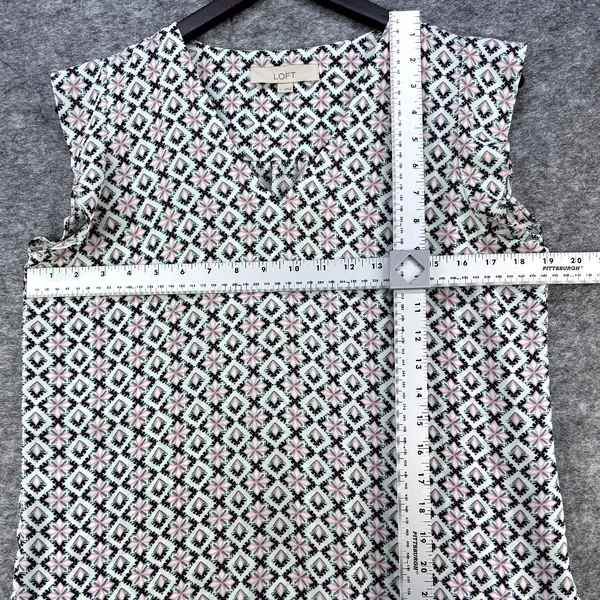 Loft Top White with Black, Pink Green Print. Sleeveless V Neck Size Small - Image 4