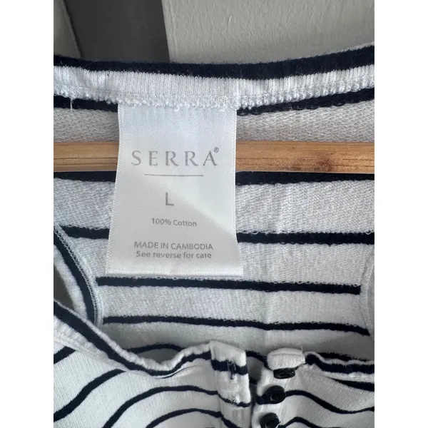 Serra Womens Striped Romper Large White and black Cotton Henley Racerback Lounge - Image 4