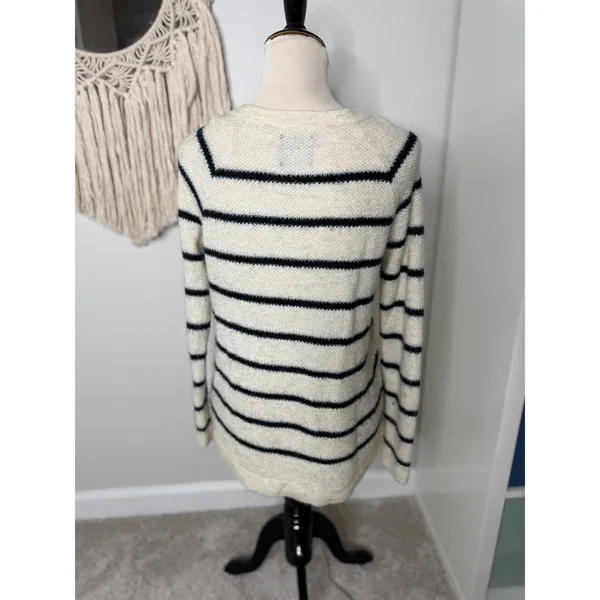 Abercrombie & Fitch Cream White Navy Blue Fuzzy Knit Minimalist Preppy Sweater S - Image 2