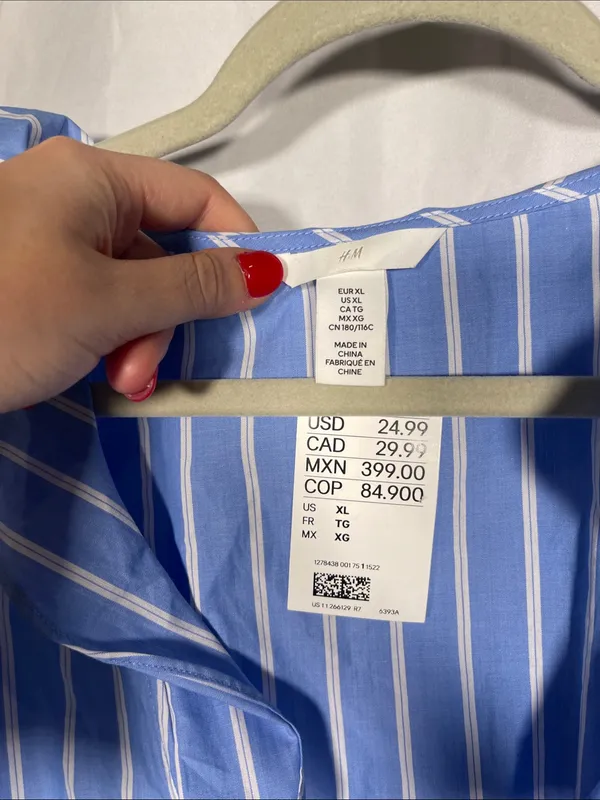 H&M Womens Tie Front Poplin Blouse Blue White Stripe Xl New With Tags - Image 3