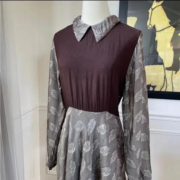 Vintage 90s Steampunk Dark Academia Schoolgirl Brown Leaf Dress S - Image 3