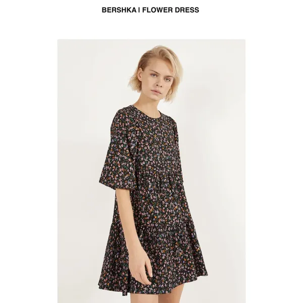 Bershka Womens Floral Babydoll Mini Dress Black Multi Tiered Puff Sleeve‎ Large - Image 2
