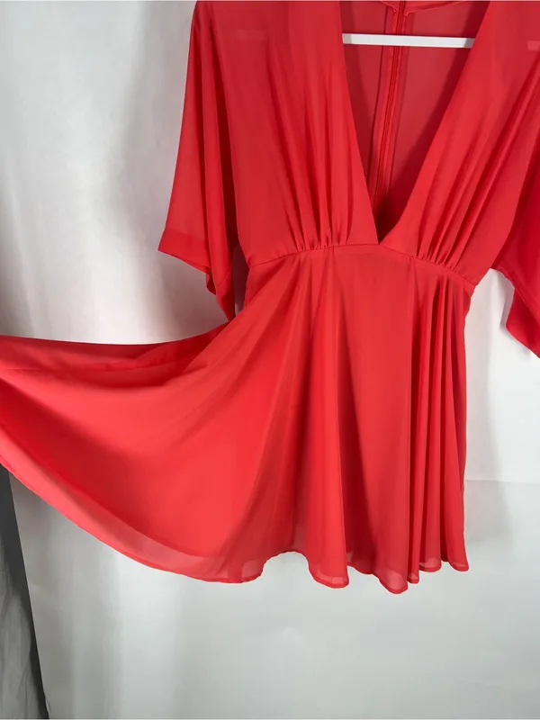 Coral Pink Chiffon Deep V Back‎ Fit & Flare Dress Women’s Size 4 26” Waist - Image 4
