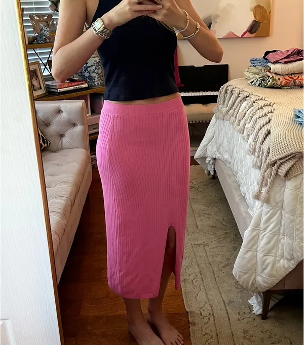 Free People Ribbed Pink Midi Skirt with Front Slit - Image 3