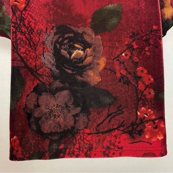 Vintage Floral Top Velvety Ribbed Short Sleeves Deep Red Mock Neck‎ Women Medium - Image 8