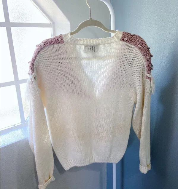 Vintage Cream with Pink Purple Floral Knit Sweater Cardigan Fringe - Image 5