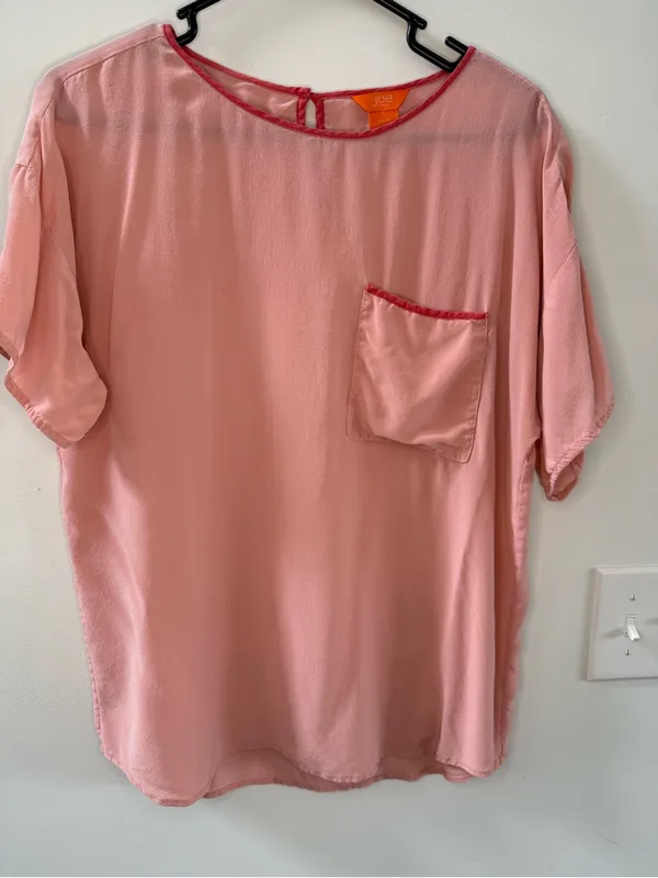Joe Fresh Blush Pink Short Sleeve Pocket Top silk, preppy, trendy, effortless - Image 3