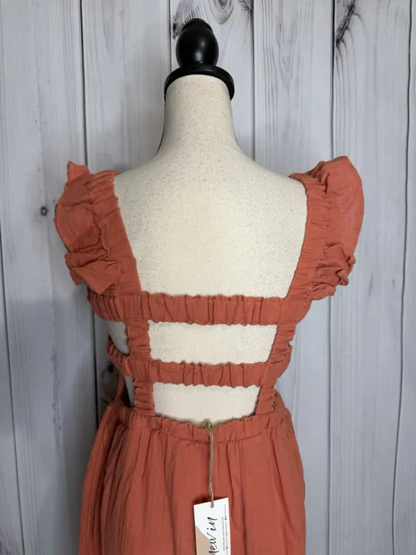 New In Maxi Dress Sz L Light Rust Red Open Back Ladder Strap Smocked Front NWT - Image 8