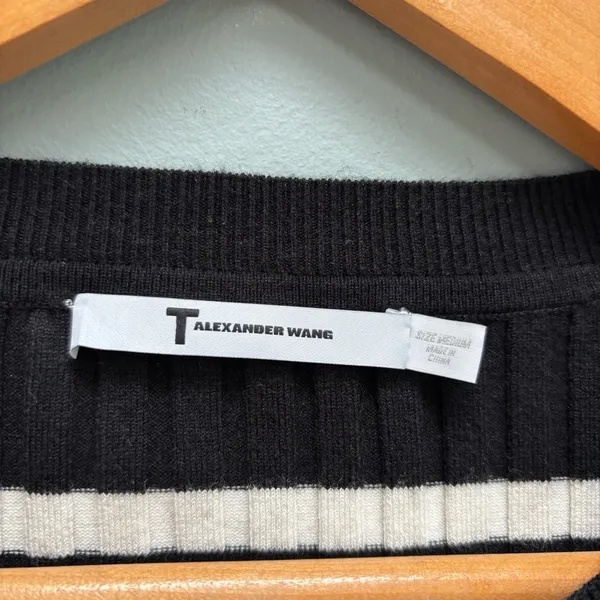 T by Alexander Wang Black Ivory Striped Fitted Rib Pullover Medium - Image 8