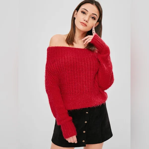 WISHFUL THINKING Red Chenille Eyelash Knit Chunky Off Shoulder Sweater - Sz S/M - Image 2