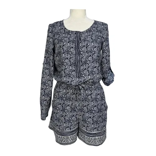 LOFT Romper Size 0 Blue White Paisley Print Long Sleeve‎ Roll Tab One Piece EUC - Image 15