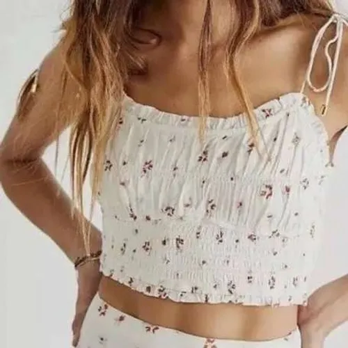 Free People Crop Top Womens S White‎ Floral Smocked Ruffle Boho Summer Tank - Image 3