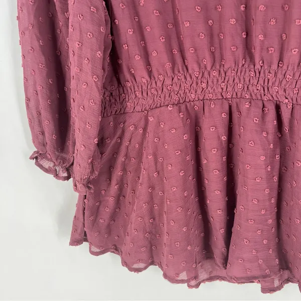 Monteau Purple Sheer Swiss Dot Ruffle Neck 3/4 Sleeve Peplum Blouse NWT‎ XL - Image 10