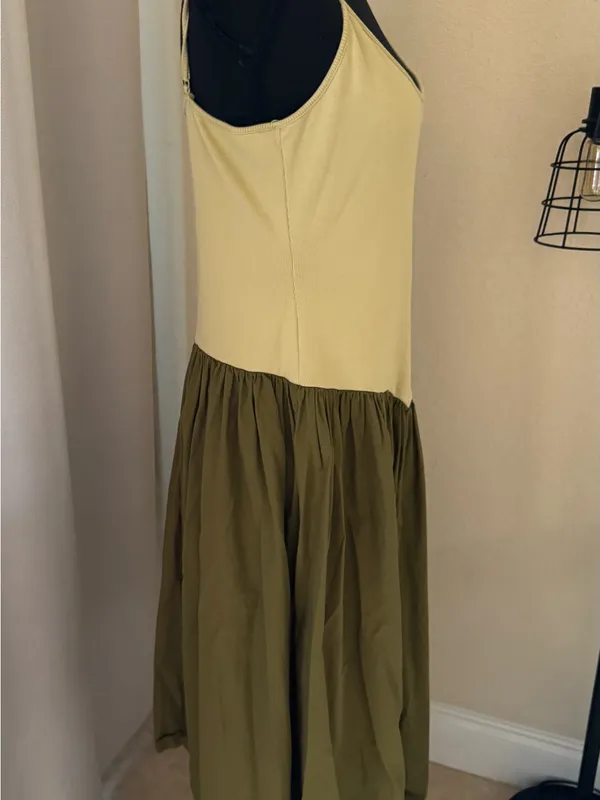 Maeve Anthropologie Ribbed Drop Waist Midi Dress Olive Green Cream Large - Image 4