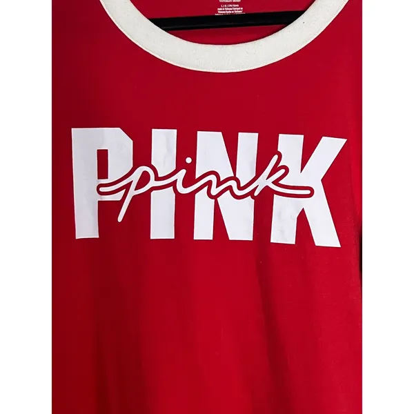 Pink Victoria's Secret Ringer Tee Women Red Logo Graphic Short Sleeve - Large - Image 3