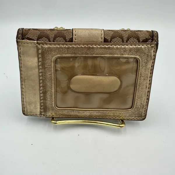 Coach Signature Monogram Bifold Wallet Brown Canvas Metallic Gold Leather Trim - Image 2