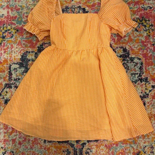 Orange Gingham Puff Sleeve Dress - Image 2
