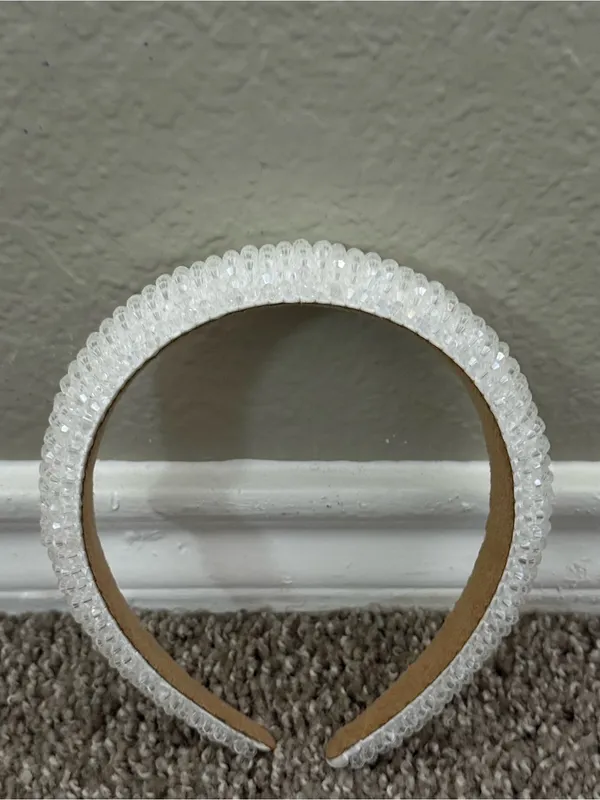 White Faceted Beaded Padded Headband Bridal Coquette Wedding Hair Accessory - Image 4