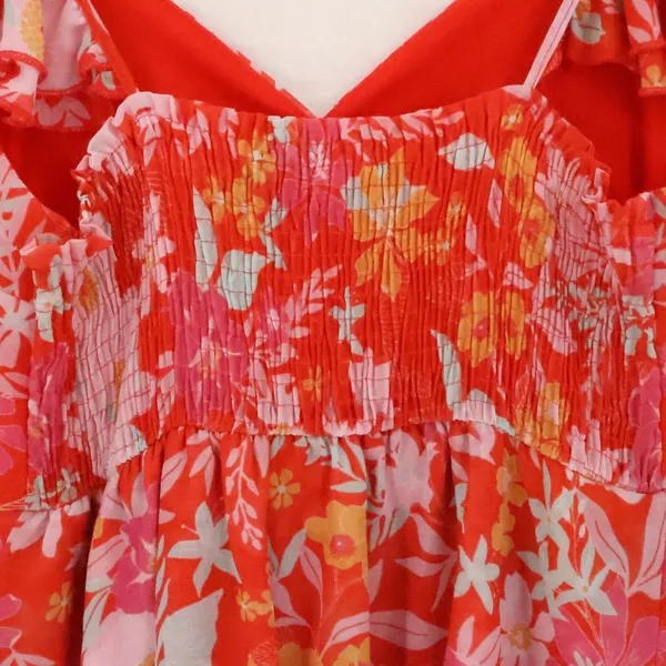 North End Floral Ruffle Tiered Chiffon Mini Dress Womens Size M Red Pink Boho Tropical Ga - Image 4