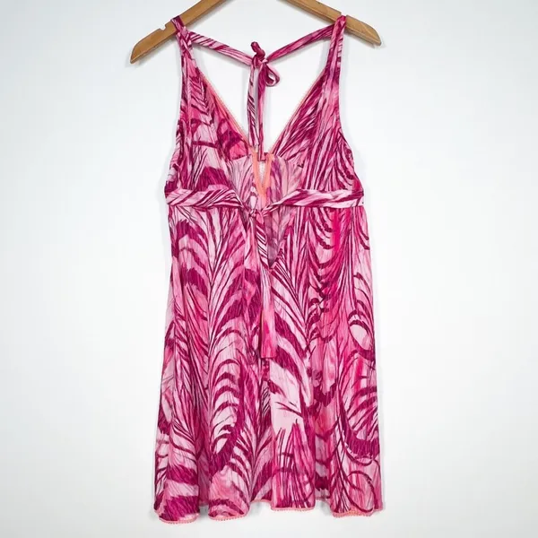 On Gossamer Fuchsia Pink Feather Print Babydoll Chemise Slip Dress Womens L - Image 6