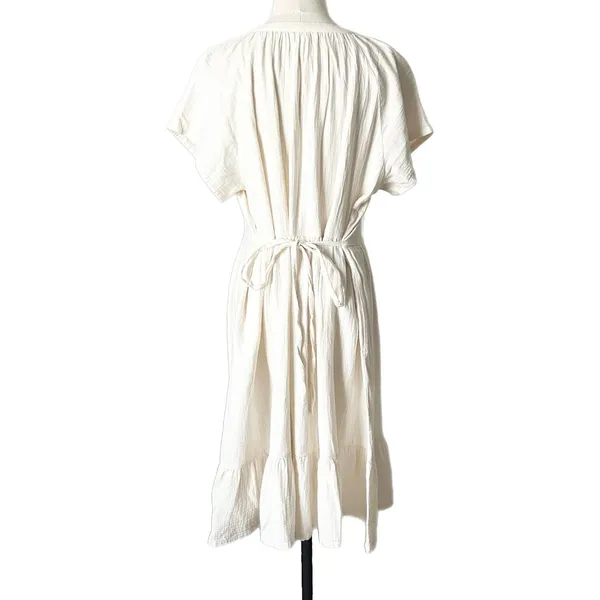 Pact Gauze Midi Dress 100% Organic Cotton Ivory V-Neck Ruffle Hem Tie Back XL - Image 4