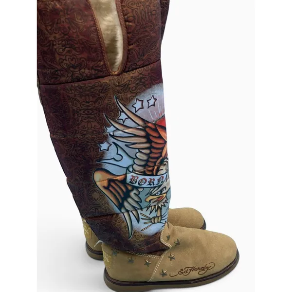 Vintage Y2K Ed Hardy Born Free Eagle Boots Womens 7 Suede Fur Lined Tattoo - Image 3