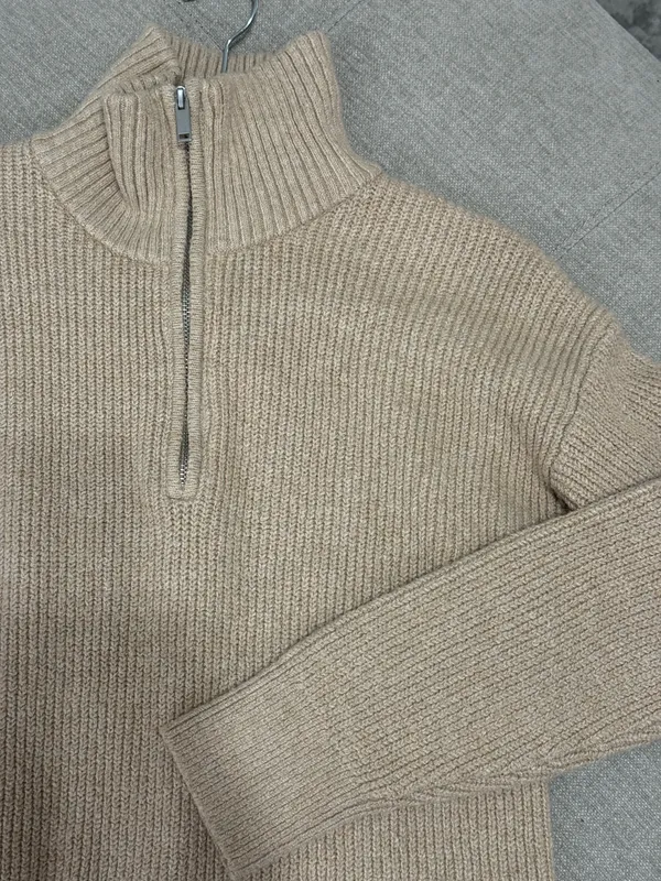 Old Navy Tan Quarter-Zip Mockneck Mini Sweater Shift Dress Oatmeal Heather XL - Image 3