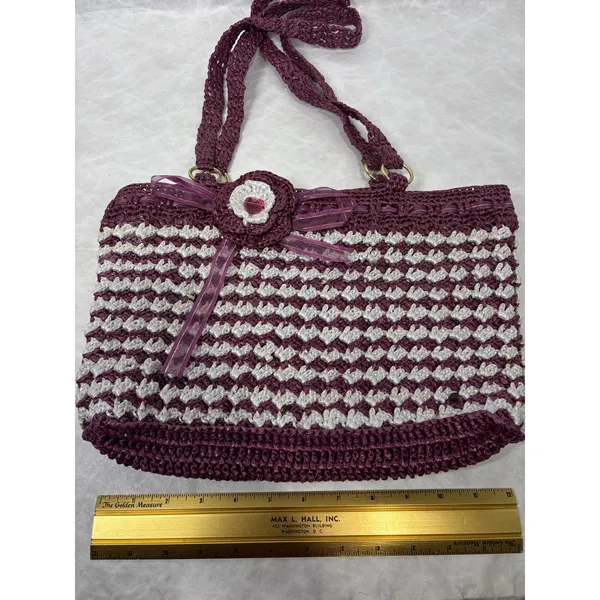 Vintage Handmade Purple White‎ Crochet Nylon Tote Bag Floral Heart Detail Boho - Image 8