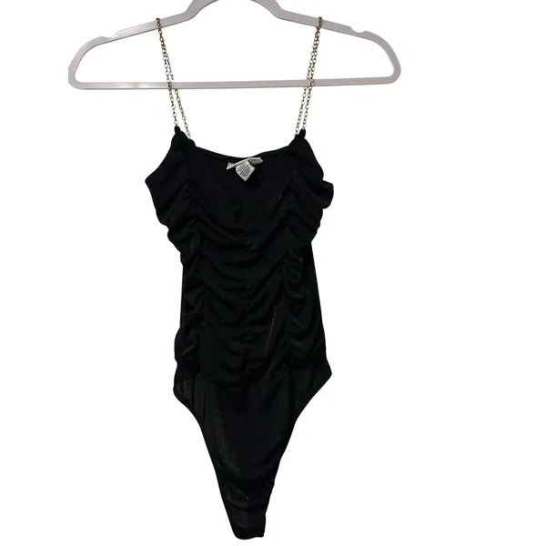 Just Polly New York Bodysuit Y2K Black Ruched Glam Gold Chain Strap Grunge SZ M - Image 2