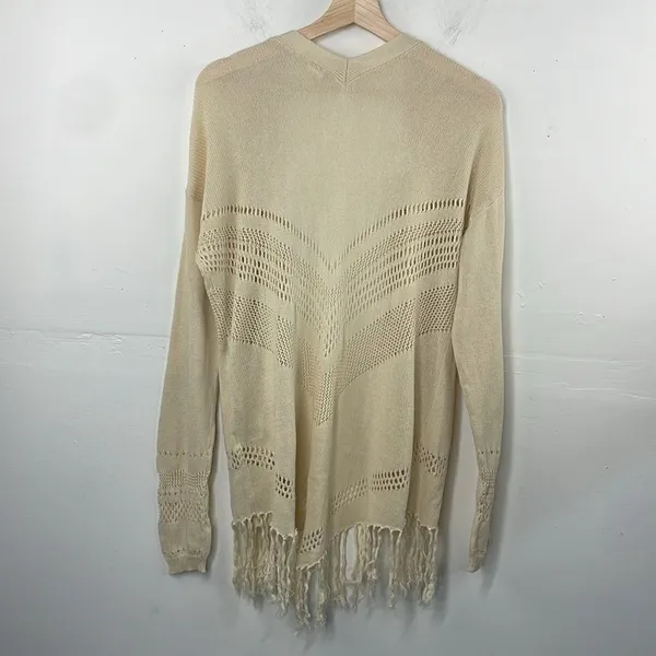 Wild Pearl Open Cardigan with fringe boho cotton crochet design Large cream - Image 9