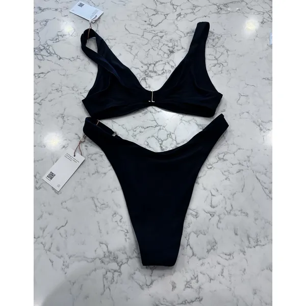 NWT Quince Black Italian Plunge Bikini Top & High-Leg Ring Bikini Bottom Set Med - Image 2