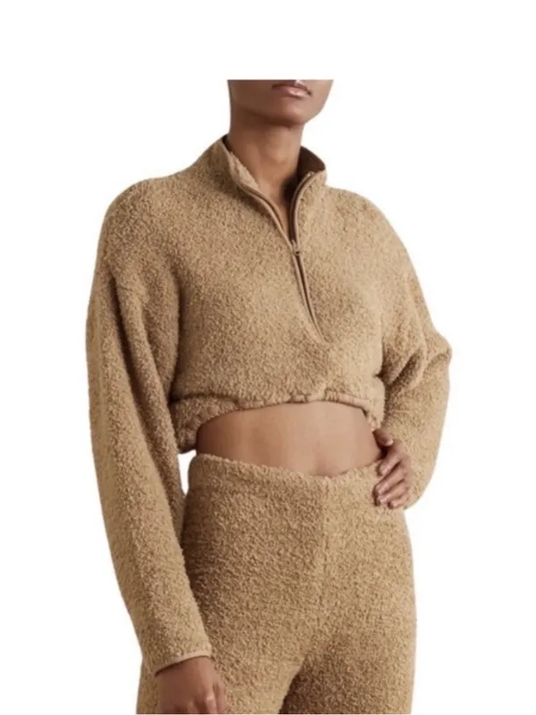SKIMS Teddy Fleece Quarter Zip Cropped Pullover Beige Cozy Lounge Top L XL - Image 2