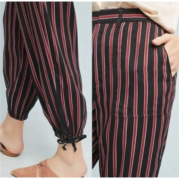 ANTHROPOLOGIE Striped Silky Tie Joggers in Black/Red‎ sz small - Image 5